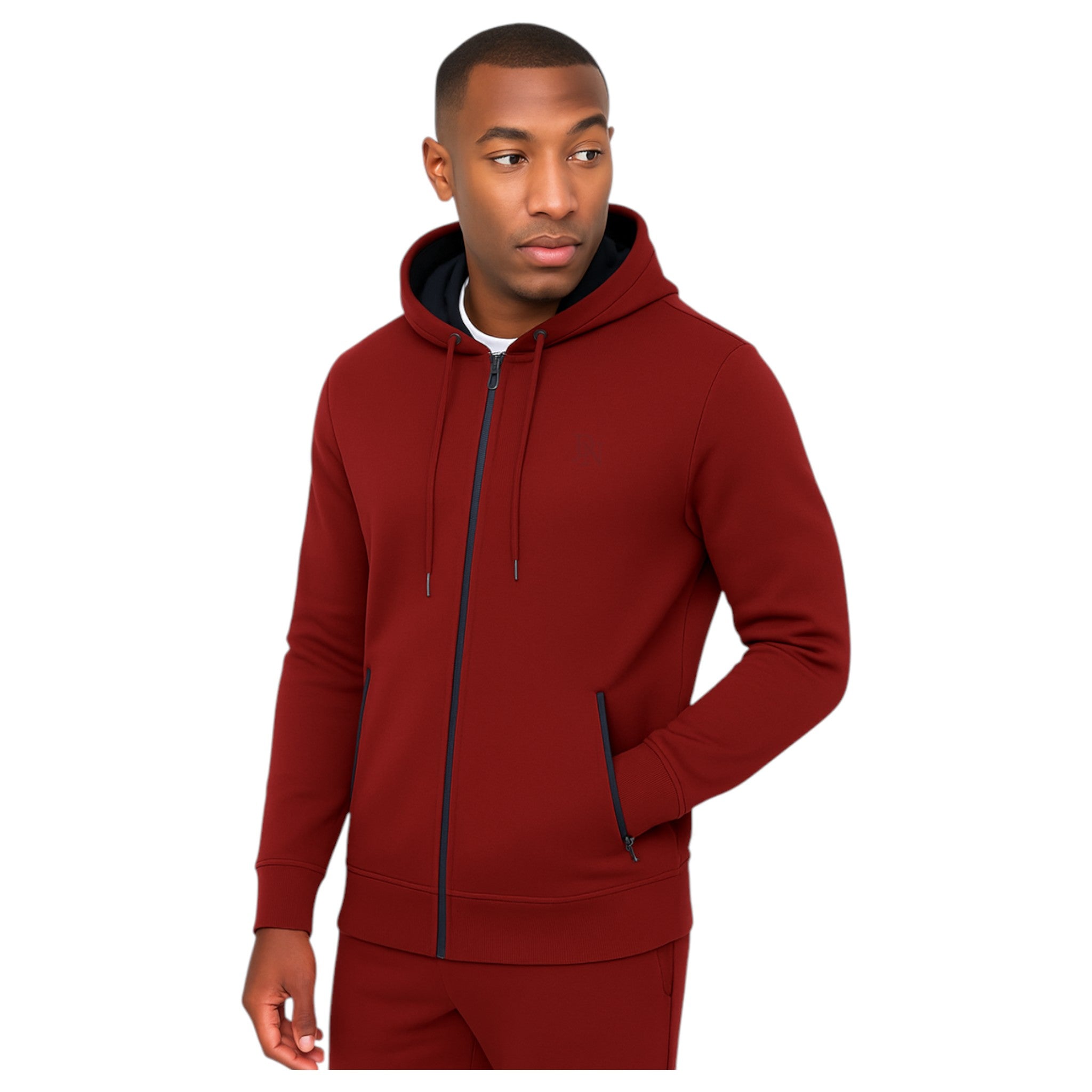 Men's JDN full zip hoodie in maroon red with drawstring hood and side zip pockets